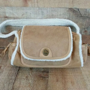 Sherpa Feel Handbag Tan Faux Suede Shoulder Purse